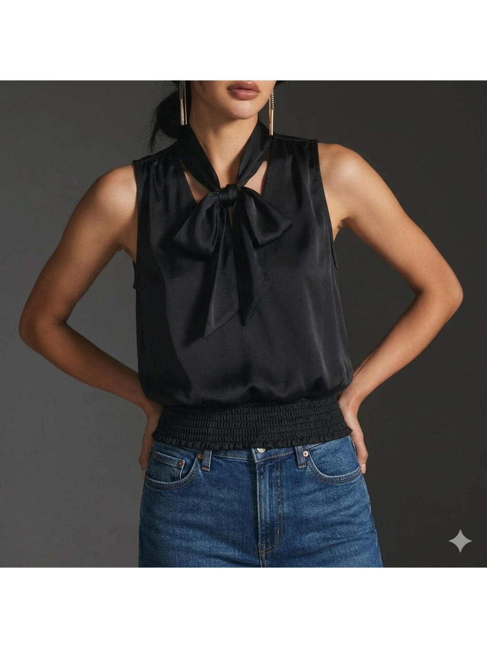 Anthropologie Solid Black Tie Neck V-Neck Sleeveless Top Size XS